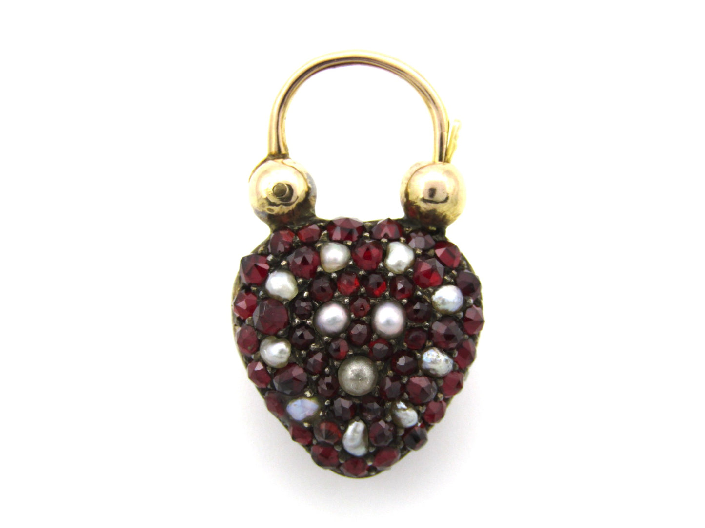 9K gold Victorian opal, garnet, seed pearl, and diamond locket and padlock clasp, circa 1850's.