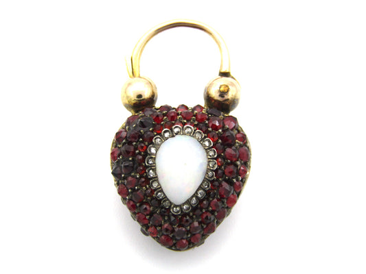9K gold Victorian opal, garnet, seed pearl, and diamond locket and padlock clasp, circa 1850's.