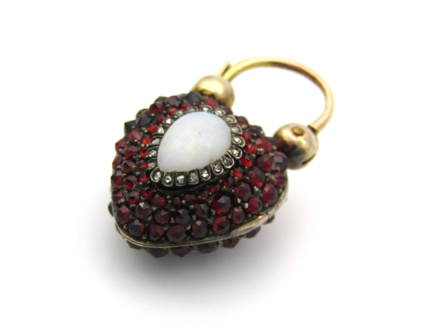 9K gold Victorian opal, garnet, seed pearl, and diamond locket and padlock clasp, circa 1850's.