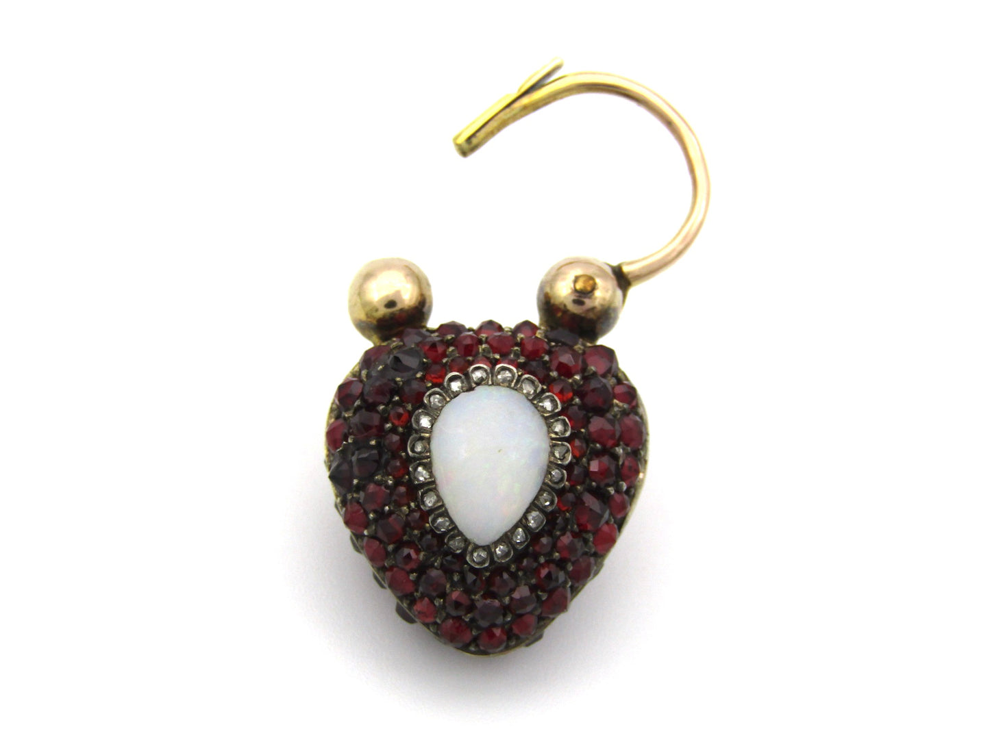 9K gold Victorian opal, garnet, seed pearl, and diamond locket and padlock clasp, circa 1850's.