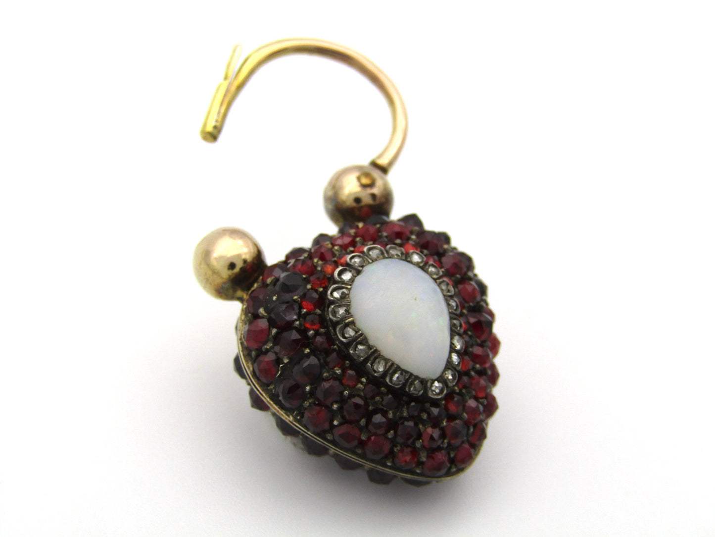 9K gold Victorian opal, garnet, seed pearl, and diamond locket and padlock clasp, circa 1850's.