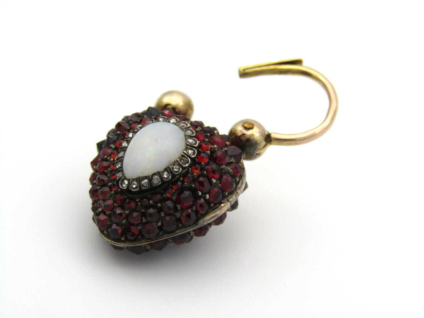 9K gold Victorian opal, garnet, seed pearl, and diamond locket and padlock clasp, circa 1850's.