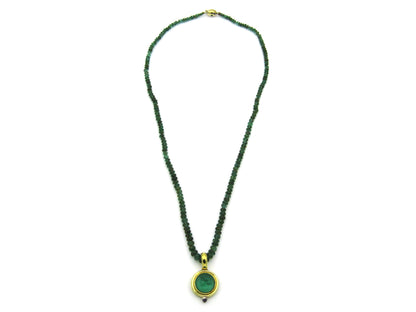9K gold cameo glass and amethyst enhancer with emerald bead necklace.