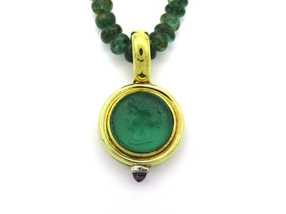 9K gold cameo glass and amethyst enhancer with emerald bead necklace.