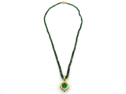 9K gold cameo glass and amethyst enhancer with emerald bead necklace.