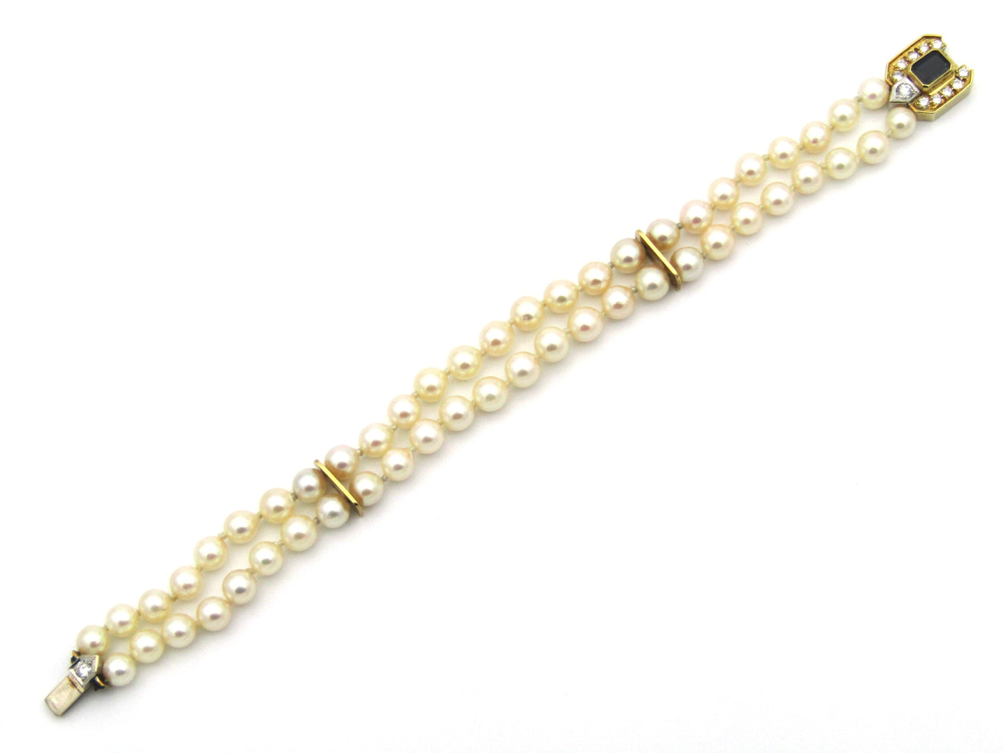 18K gold sapphire and diamond double strand Akoya cultured pearl bracelet, circa 1970's.