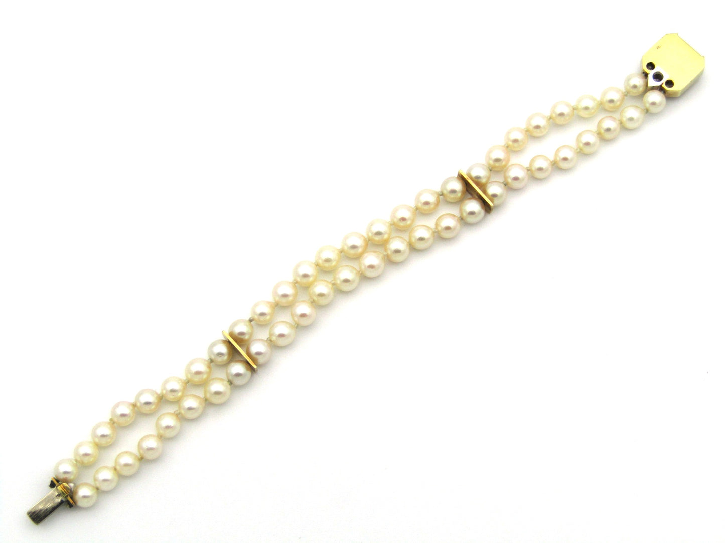 18K gold sapphire and diamond double strand Akoya cultured pearl bracelet, circa 1970's.