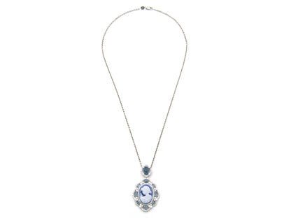 18K gold agate cameo, blue topaz and diamond pendant.