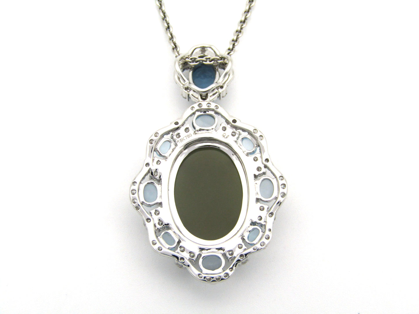 18K gold agate cameo, blue topaz and diamond pendant.