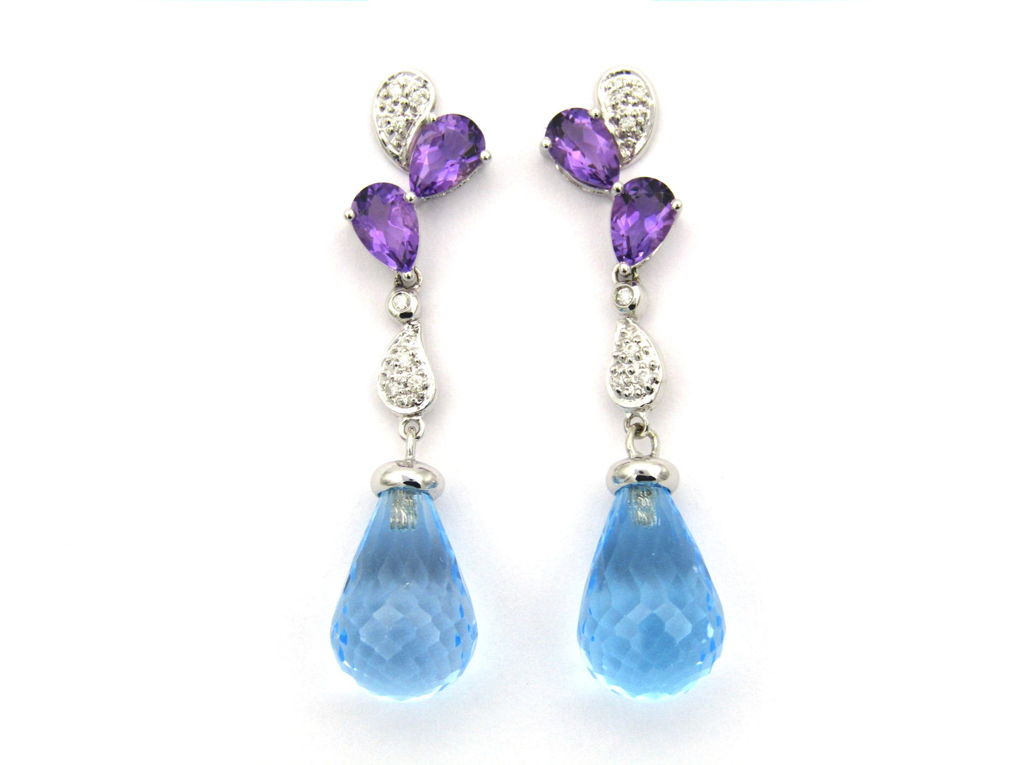 18K gold blue topaz, amethyst, and diamond earrings.