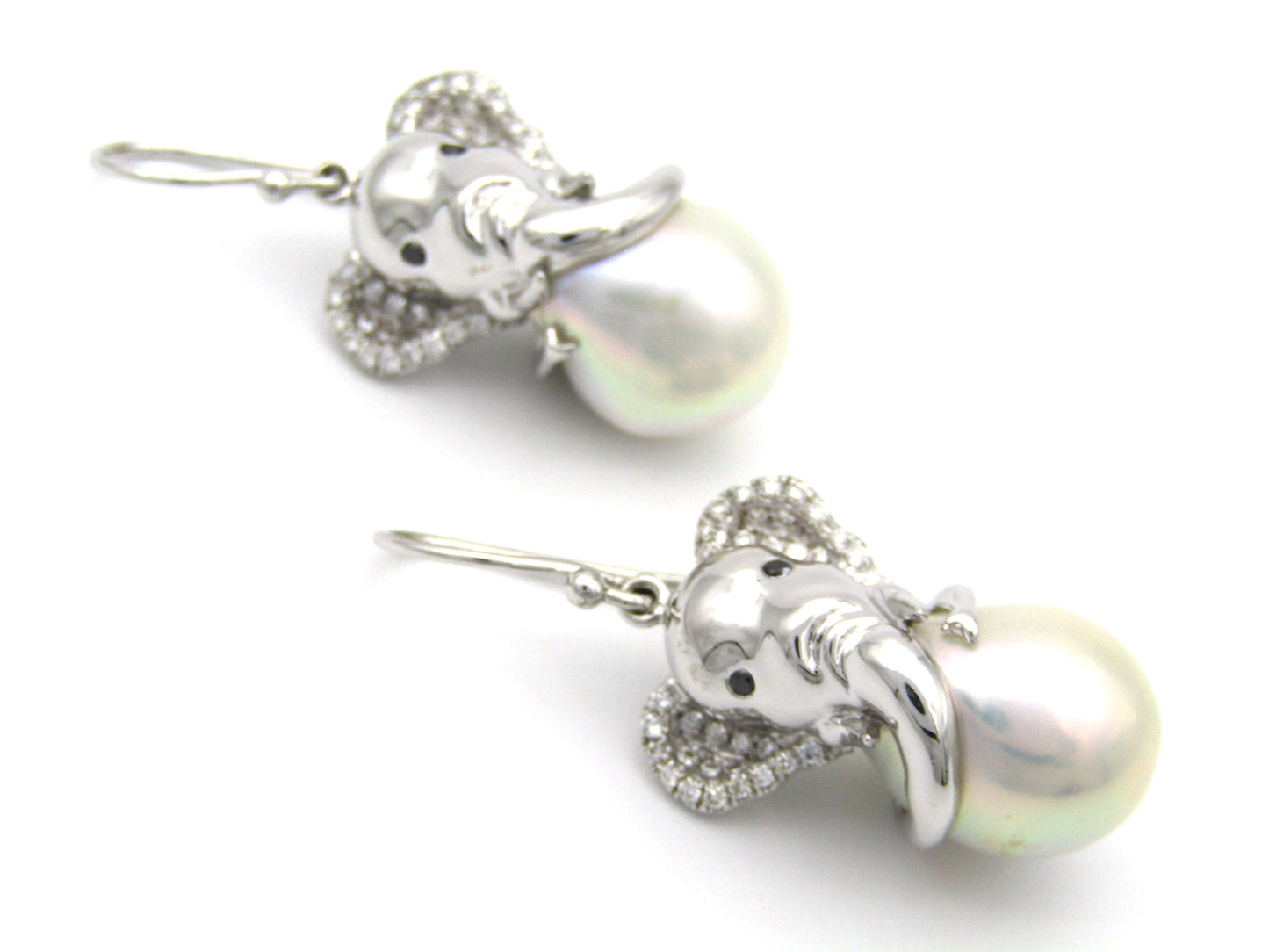 14K gold baroque pearl and diamond elephant earrings.