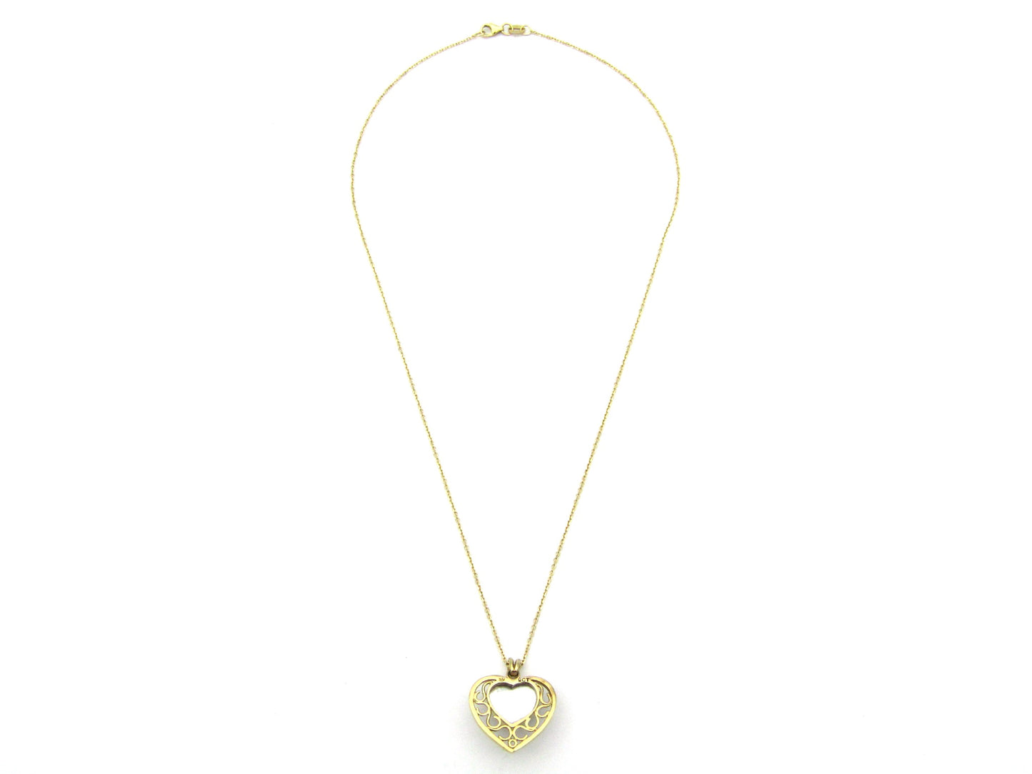 9K gold pink mabe pearl filigree heart pendant.