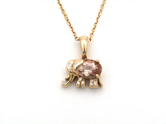 18K gold morganite and diamond elephant pendant.