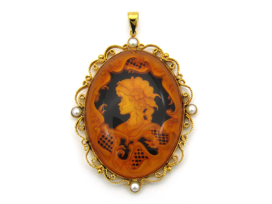 9K gold amber and cultured akoya pearl filigree pendant.