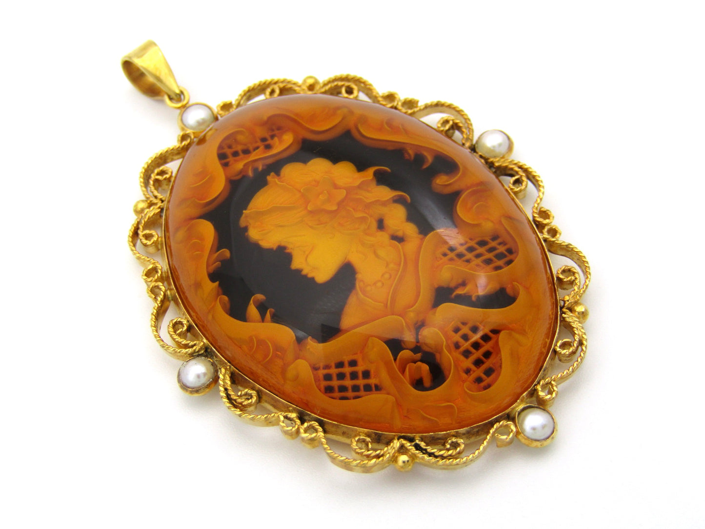 9K gold amber and cultured akoya pearl filigree pendant.