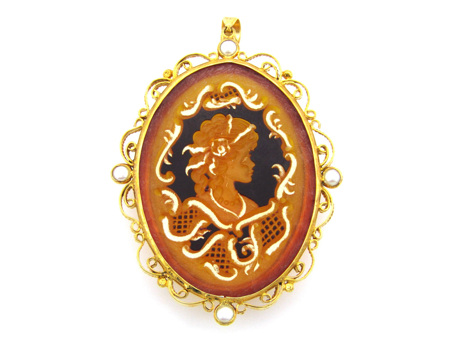 9K gold amber and cultured akoya pearl filigree pendant.