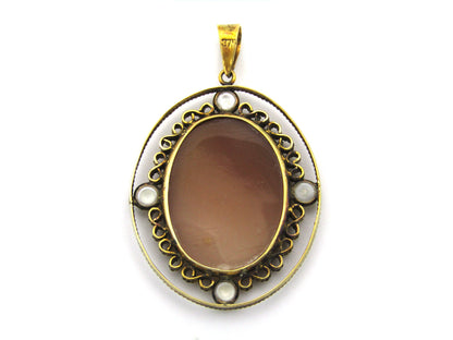 9K gold conch shell cameo and cultured akoya pearl pendant.