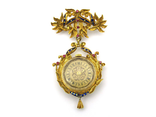 18K gold Edwardian enamel and ruby Montreux watch. Circa 1900.