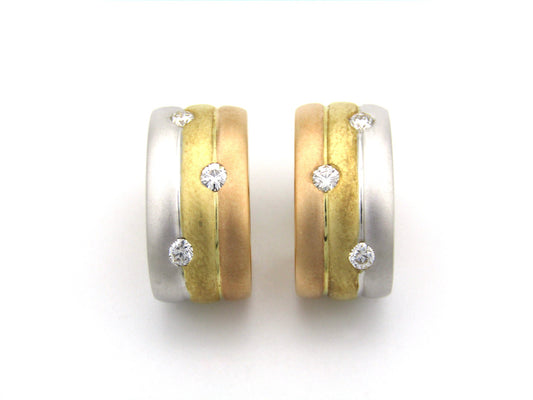 18K tri-colour gold diamond huggie earrings, circa 1970's.