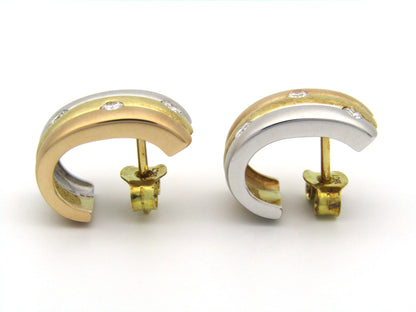 18K tri-colour gold diamond huggie earrings, circa 1970's.
