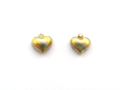 18K gold tri-colour gold diamond heart earrings by Jka Köhle, circa 1970's.