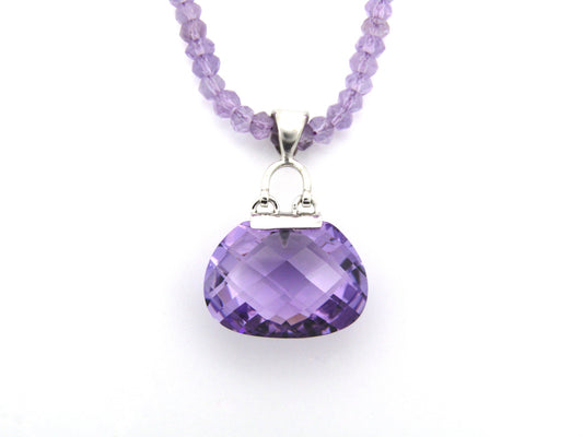 9K gold amethyst handbag pendant with 9K gold amethyst bead necklace.
