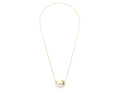 14K gold baroque pearl and diamond floating necklace.