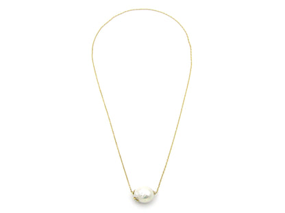 14K gold baroque pearl and diamond floating necklace.