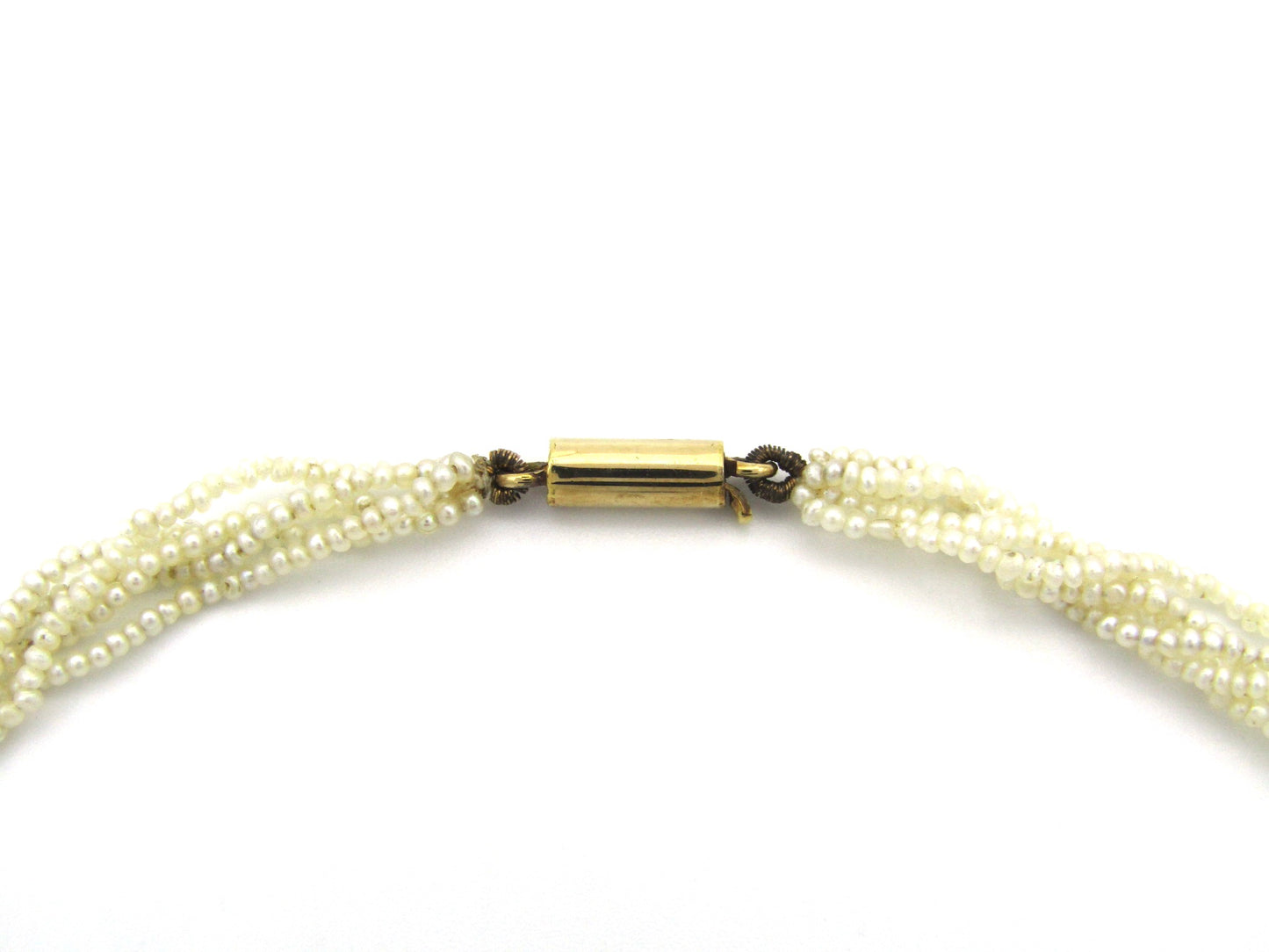 9K gold 5-strand seed pearl Wedgewood Victorian necklace, circa 1880.