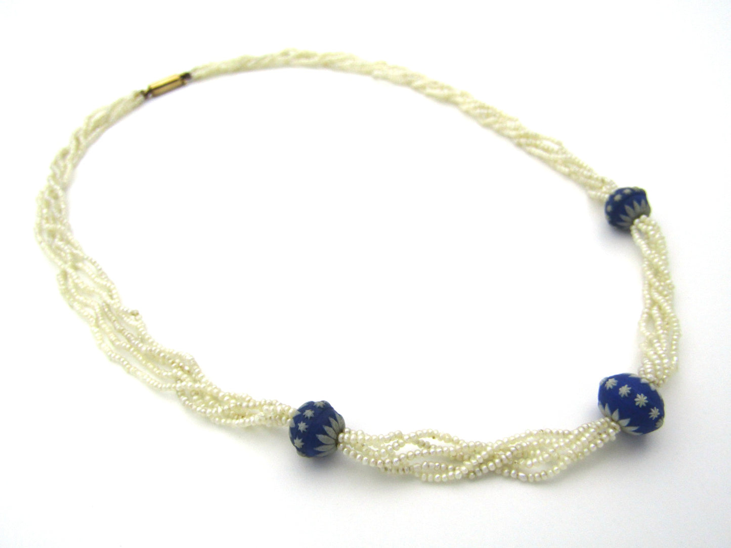 9K gold 5-strand seed pearl Wedgewood Victorian necklace, circa 1880.