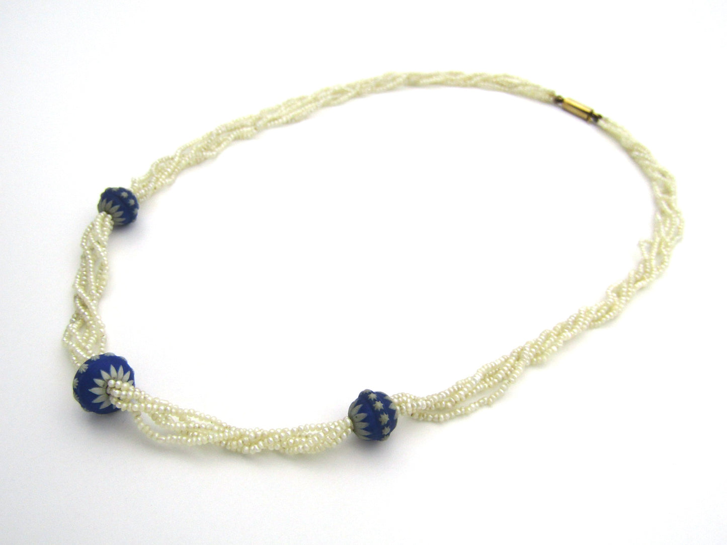9K gold 5-strand seed pearl Wedgewood Victorian necklace, circa 1880.