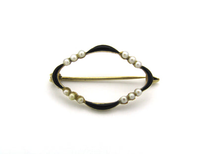 14K gold enamel and seed pearl Edwardian brooch, circa 1900's.