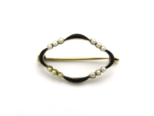 14K gold enamel and seed pearl Edwardian brooch, circa 1900's.