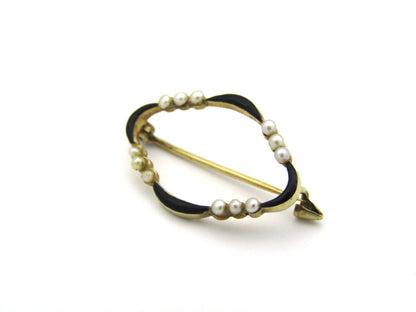 14K gold enamel and seed pearl Edwardian brooch, circa 1900's.