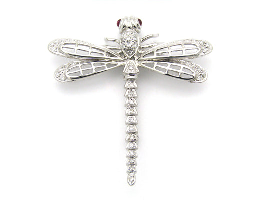 14K gold ruby and diamond dragonfly brooch, circa 1940's.