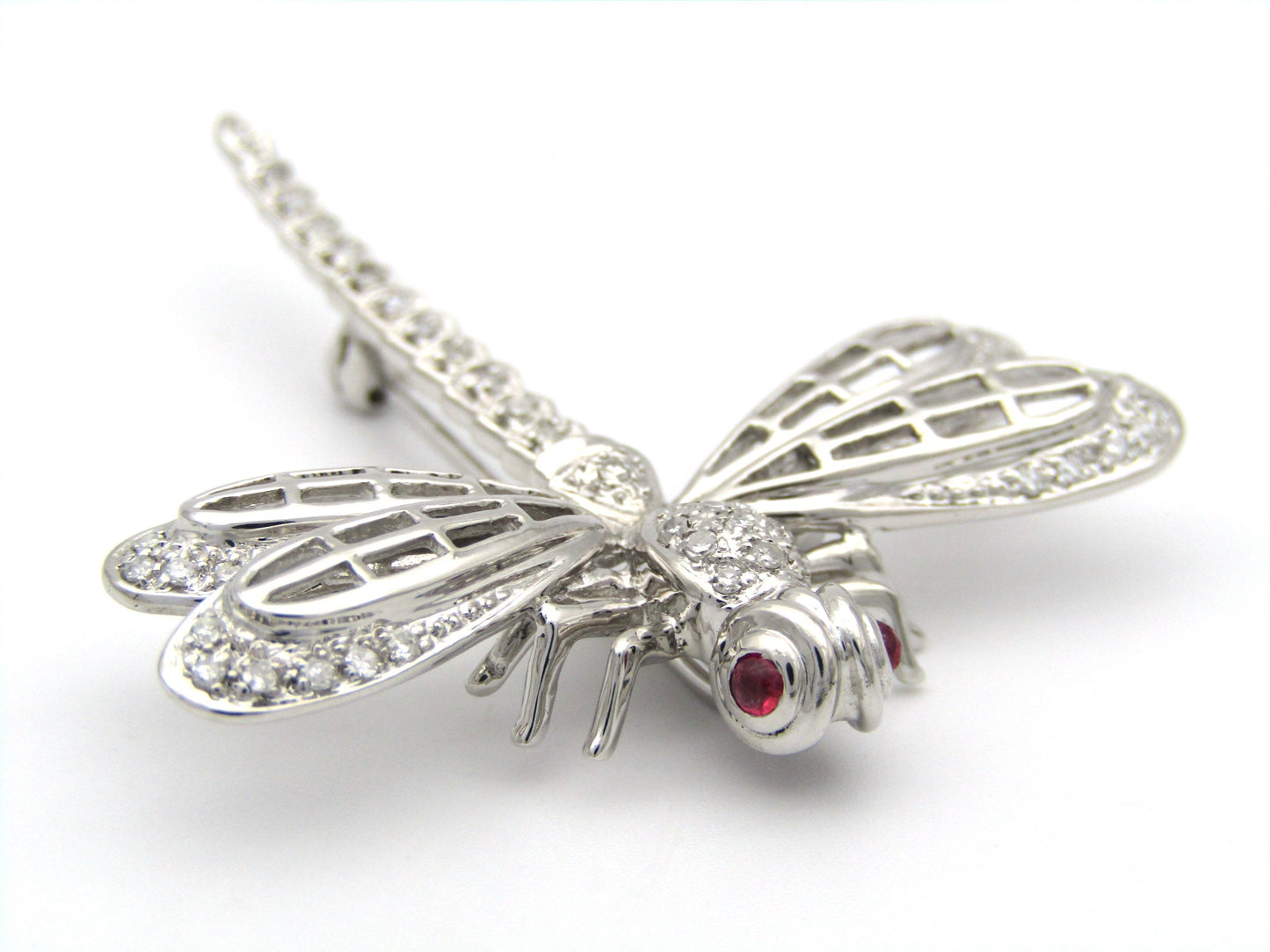 14K gold ruby and diamond dragonfly brooch, circa 1940's.