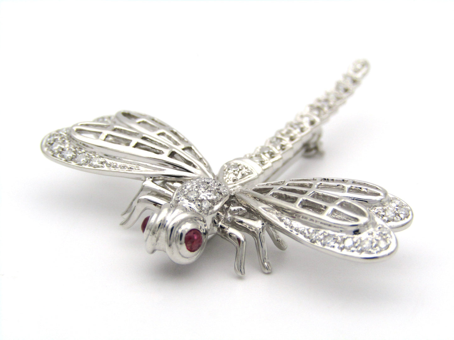 14K gold ruby and diamond dragonfly brooch, circa 1940's.