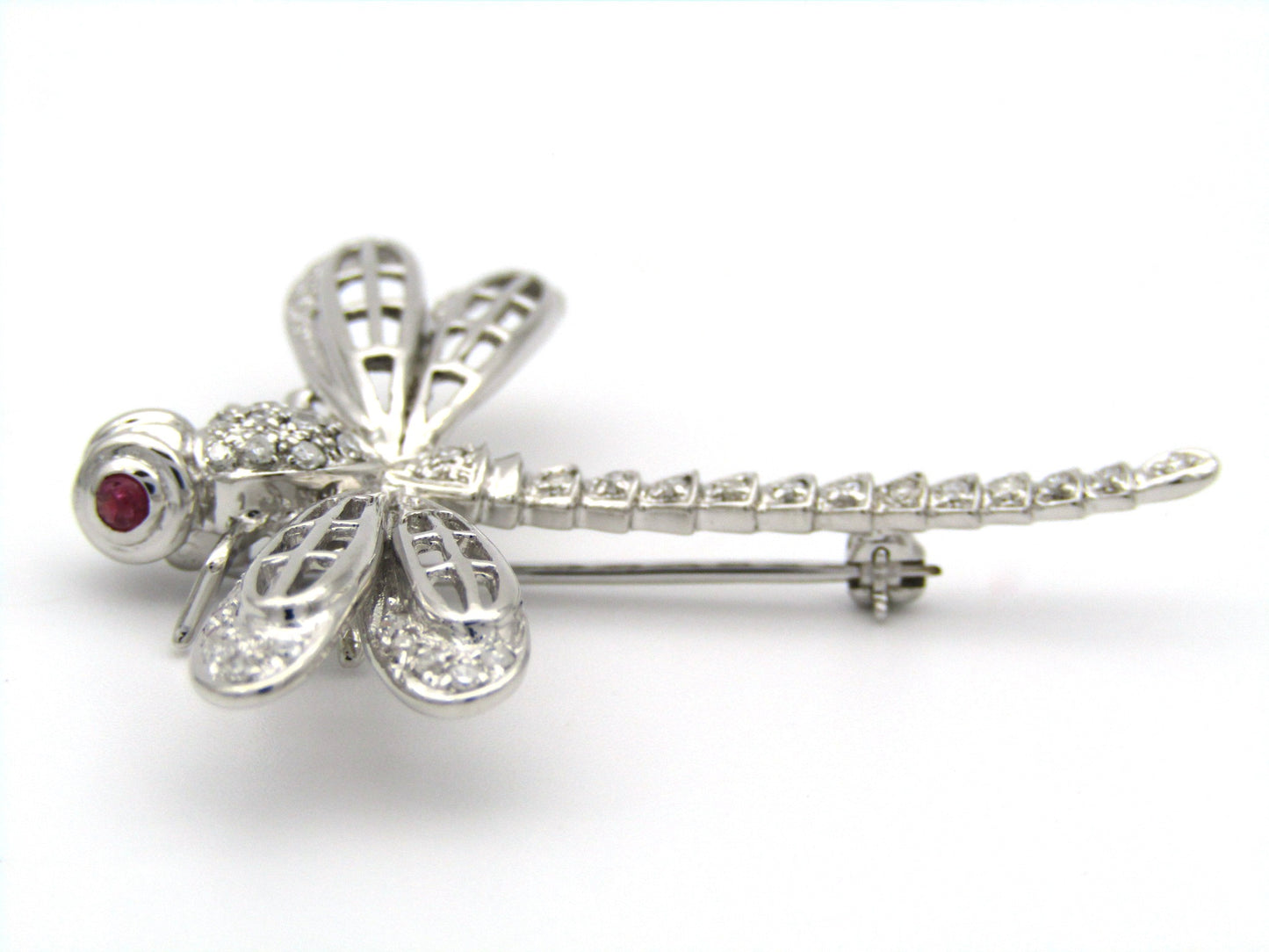 14K gold ruby and diamond dragonfly brooch, circa 1940's.
