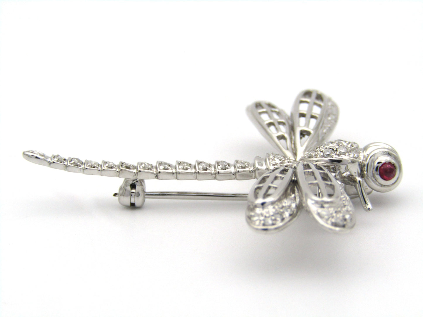 14K gold ruby and diamond dragonfly brooch, circa 1940's.