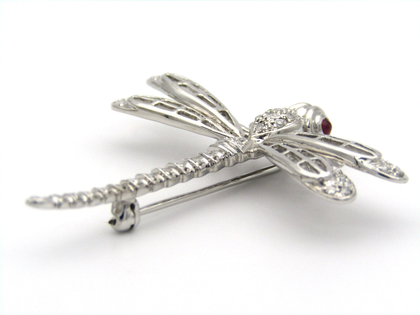 14K gold ruby and diamond dragonfly brooch, circa 1940's.
