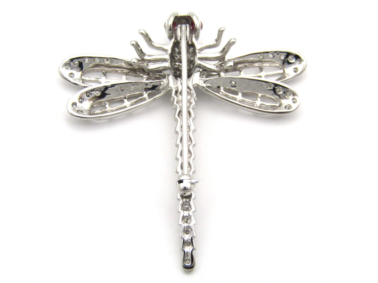 14K gold ruby and diamond dragonfly brooch, circa 1940's.