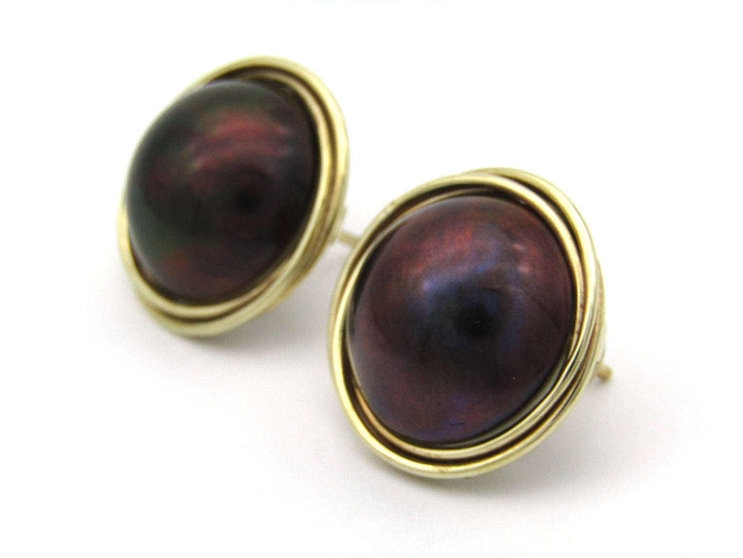 9K gold round mabé pearl earrings, circa 1980's.