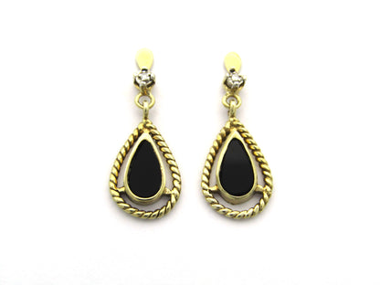 9K gold Vintage onyx and diamond dangle earrings, circa 1990's.