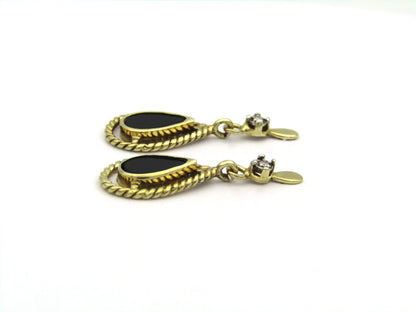 9K gold Vintage onyx and diamond dangle earrings, circa 1990's.