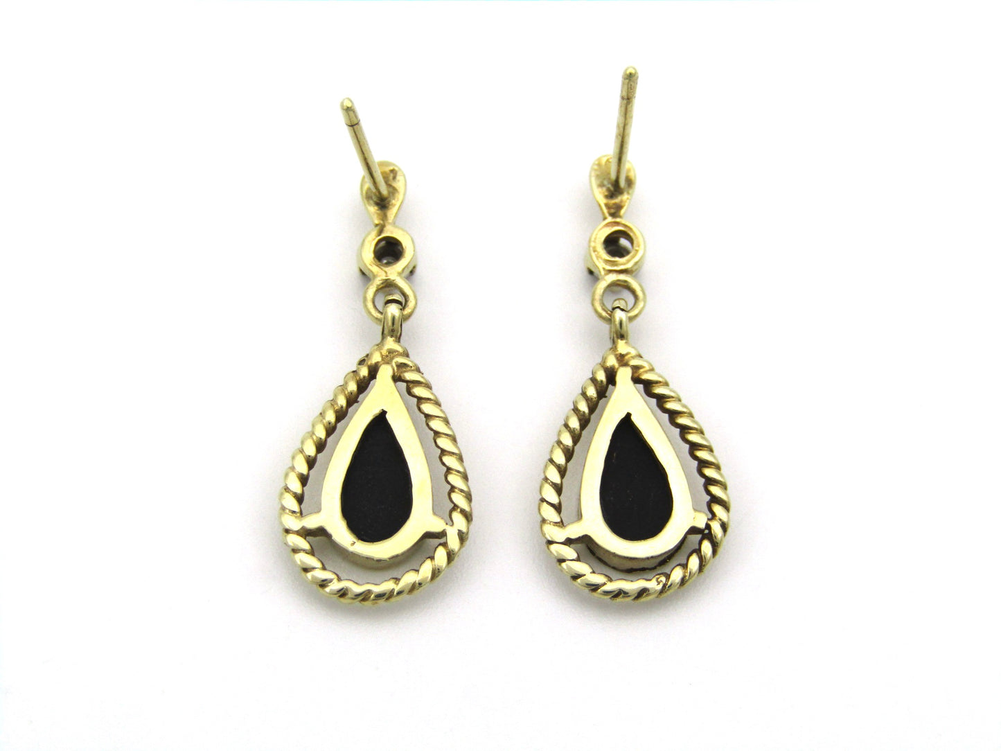 9K gold Vintage onyx and diamond dangle earrings, circa 1990's.