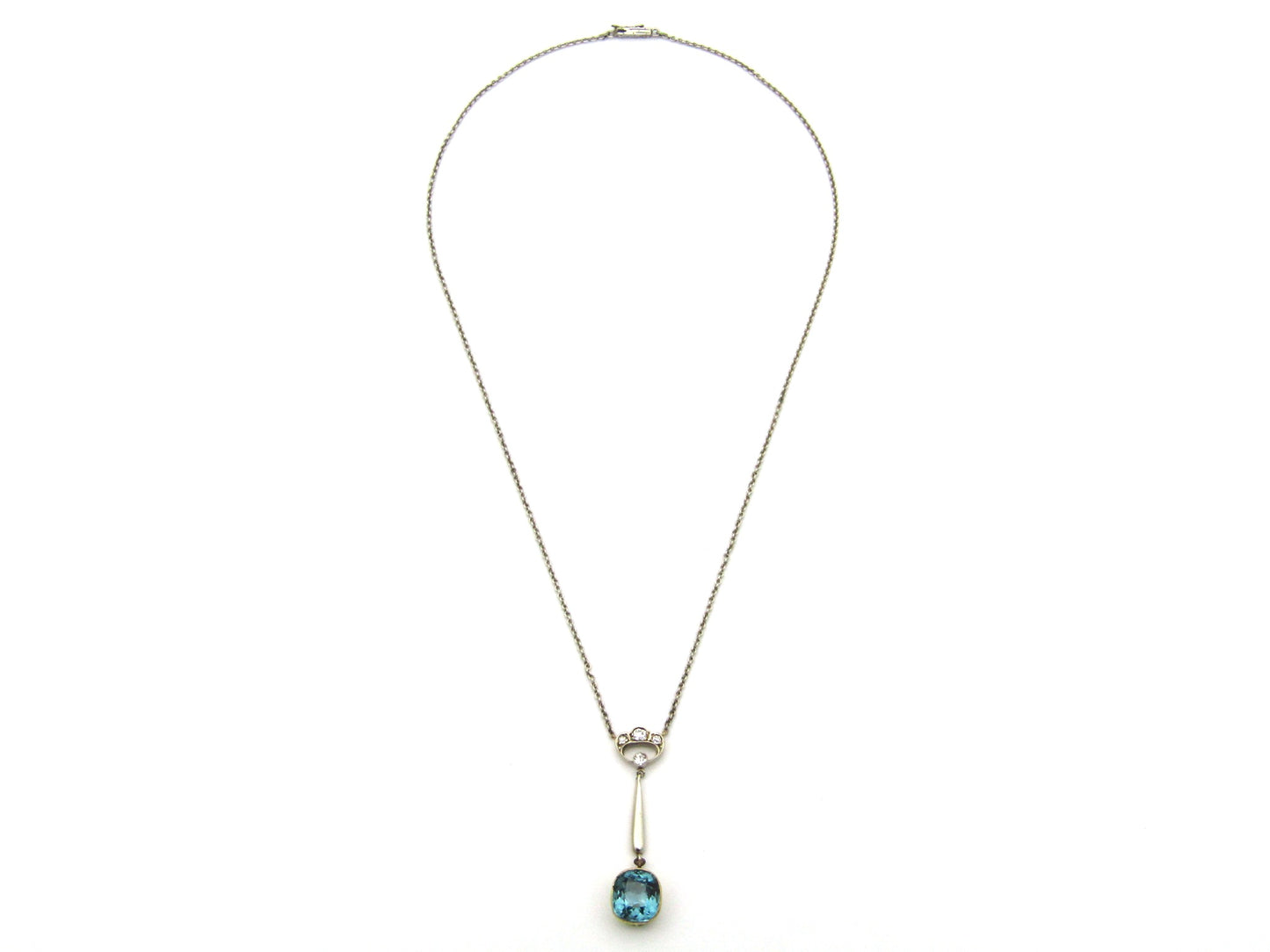 15K gold Edwardian Blue-Green tourmaline and diamond lavaliere necklace, circa 1905.