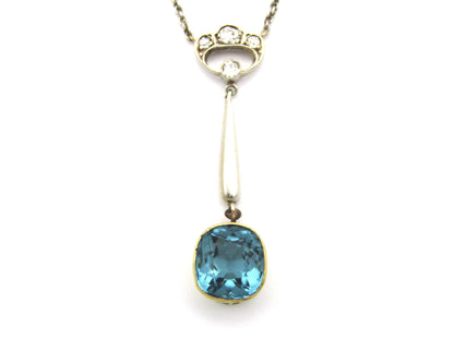 15K gold Edwardian Blue-Green tourmaline and diamond lavaliere necklace, circa 1905.