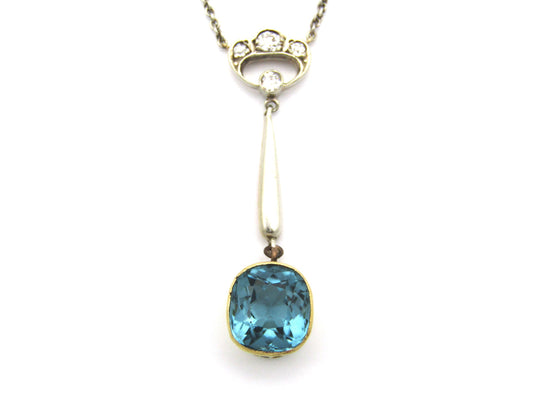 15K gold Edwardian Blue-Green tourmaline and diamond lavaliere necklace, circa 1905.