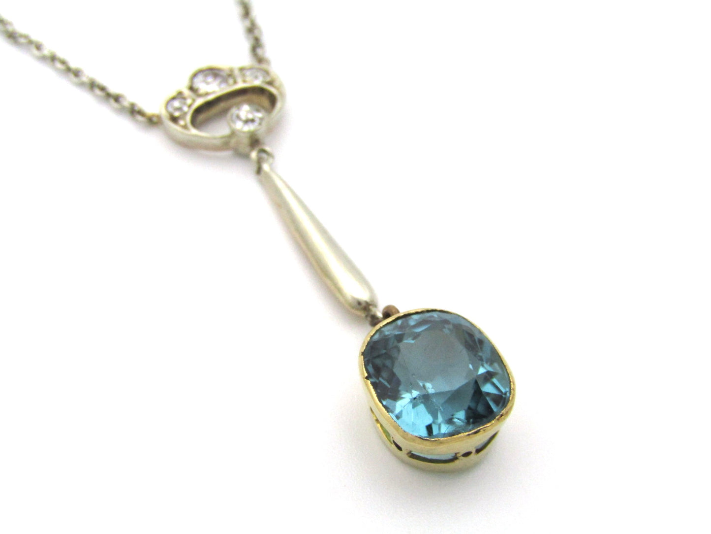 15K gold Edwardian Blue-Green tourmaline and diamond lavaliere necklace, circa 1905.