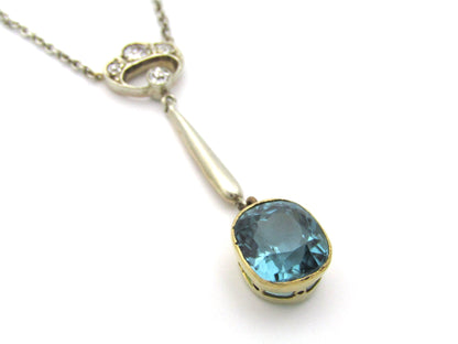 15K gold Edwardian Blue-Green tourmaline and diamond lavaliere necklace, circa 1905.